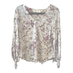 Maeve by Anthropologie Pernille Floral Tie-Sleeve Blouse Size Large V-Neck Top